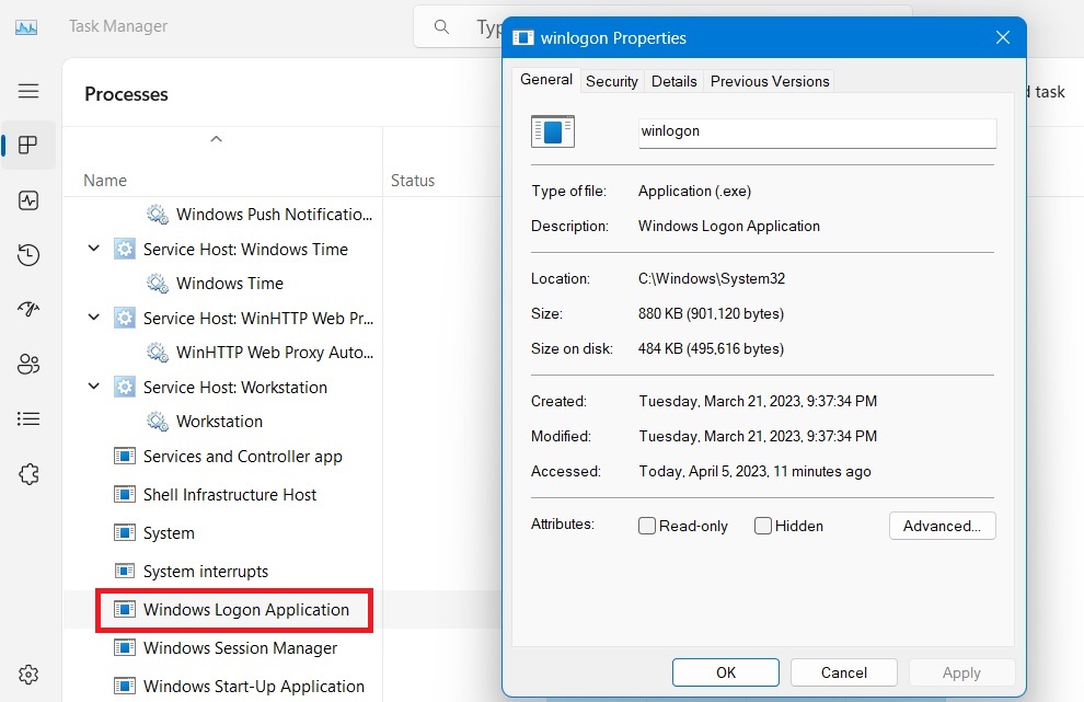 Winlogon or Windows logon application viewed in Task Manager Processes.