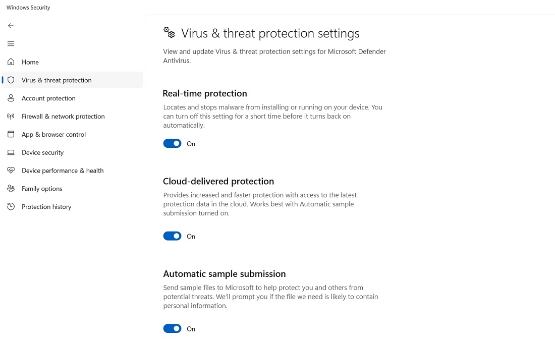Virus And Threat Protection Settings under Windows Security.