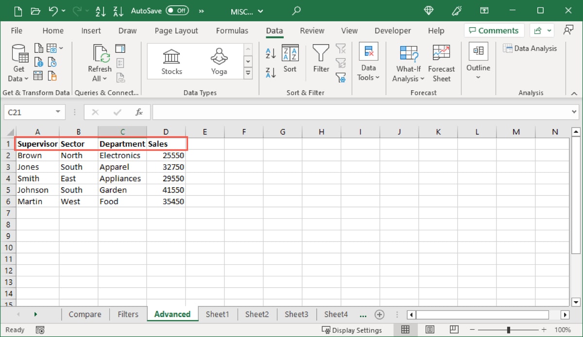 Labels in a dataset for a filter in Excel