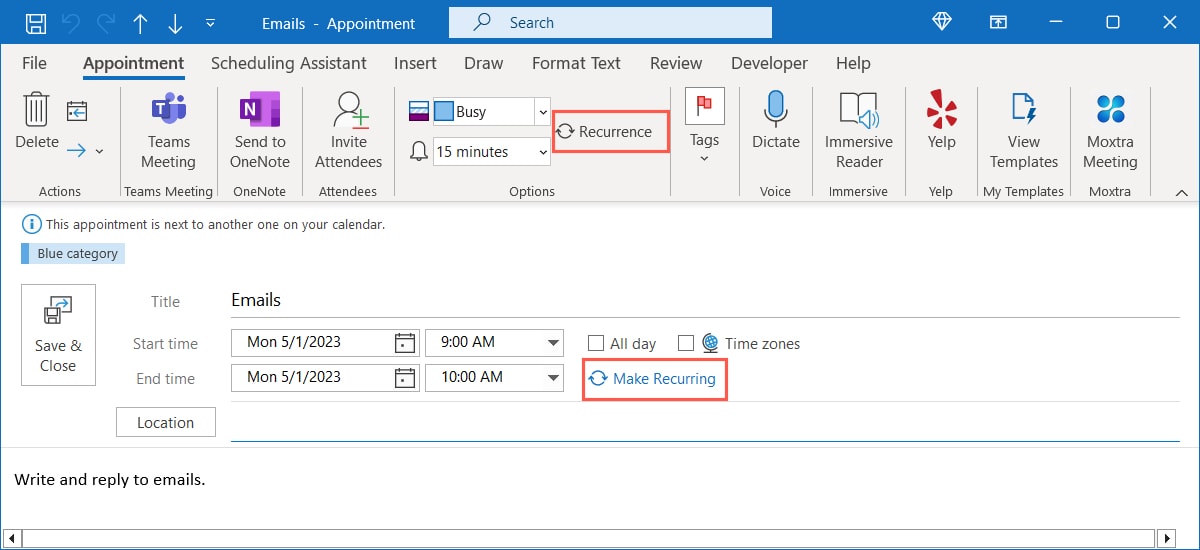 Options to make a recurring event in Outlook Calendar