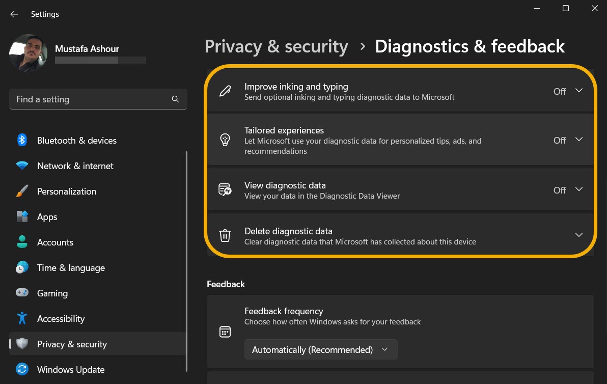 More diagnostics-related privacy tools under "Diagnostics & feedback" in Windows Settings. 