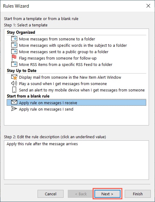Messages Received in the Rules Wizard