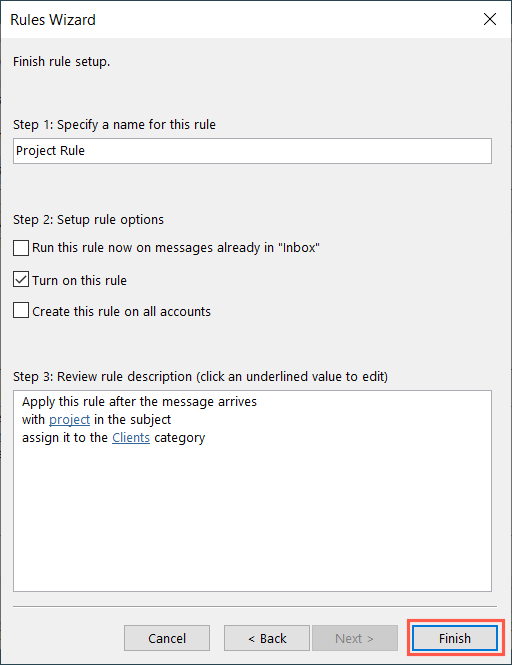 Messages Received with Specific Words assign a Category final screen