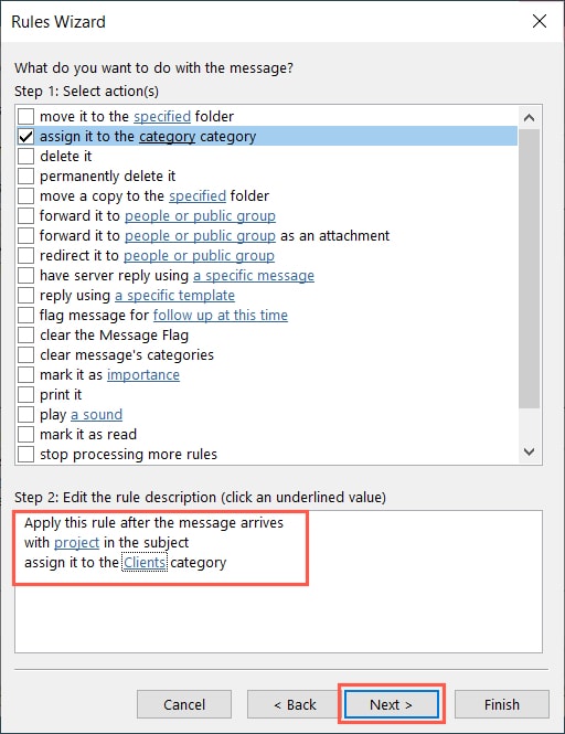 Messages Received category rule