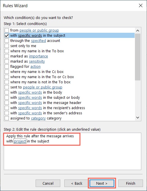 Messages Received Specific Words setting