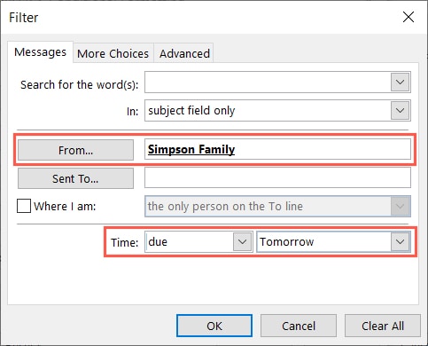 Messages tab example for a condition