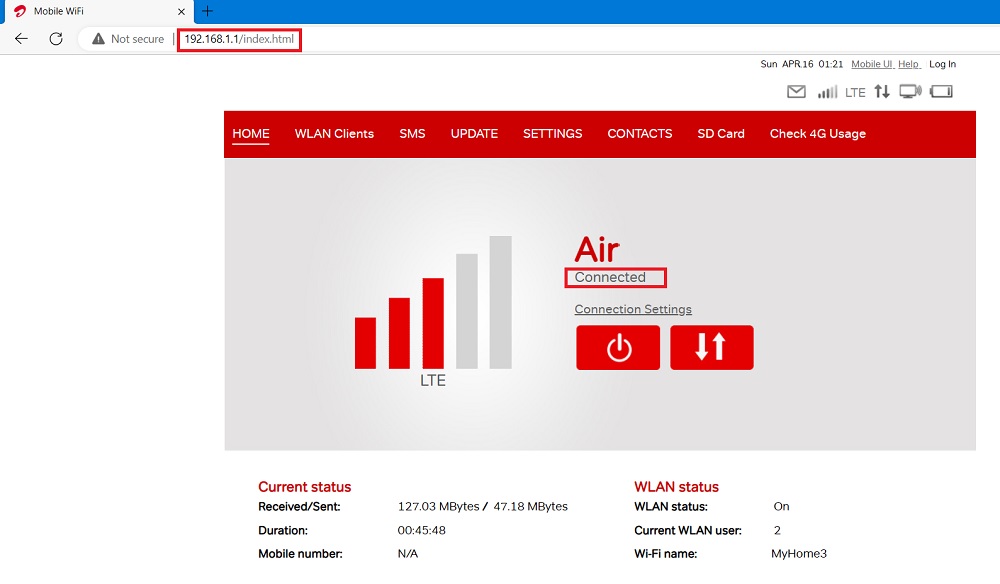 Mi-Fi connected status displayed in browser window by typing 192.168.1.1