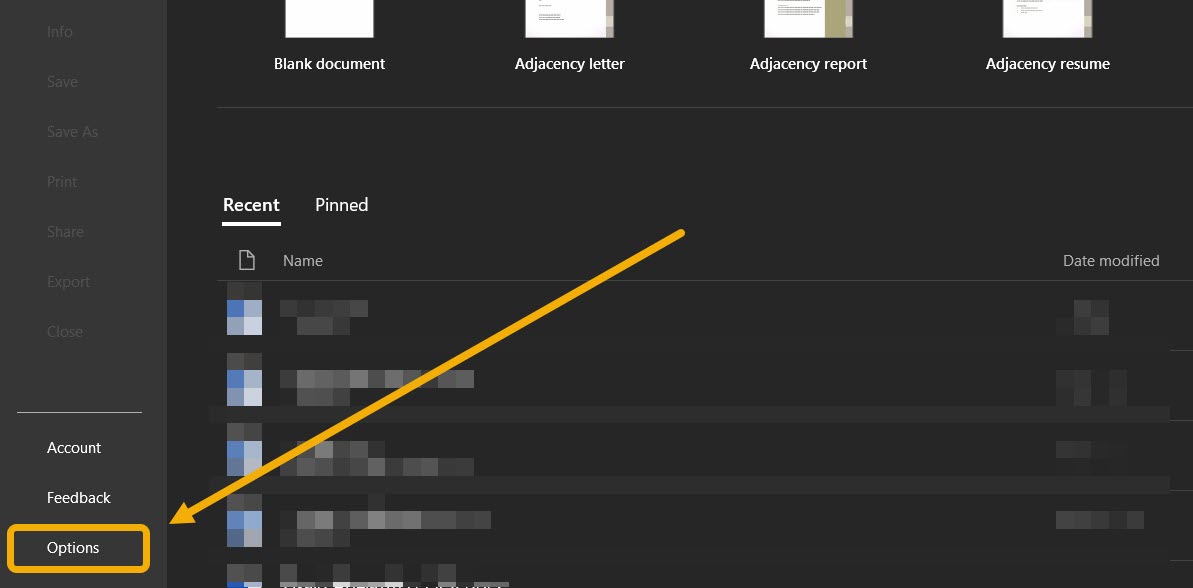 Clicking on "Options" button in Word.