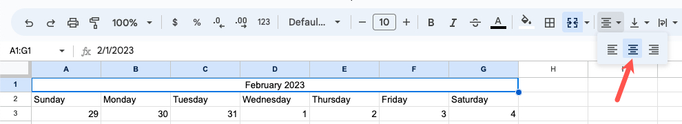 Align Center in the Google Sheets toolbar