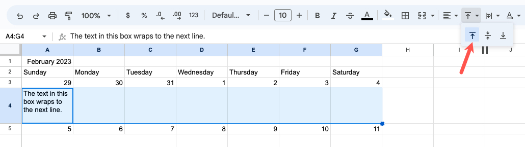 Align Top in the Google Sheets toolbar