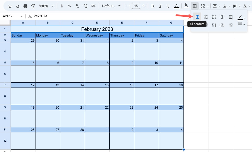 All Borders in the Google Sheets toolbar