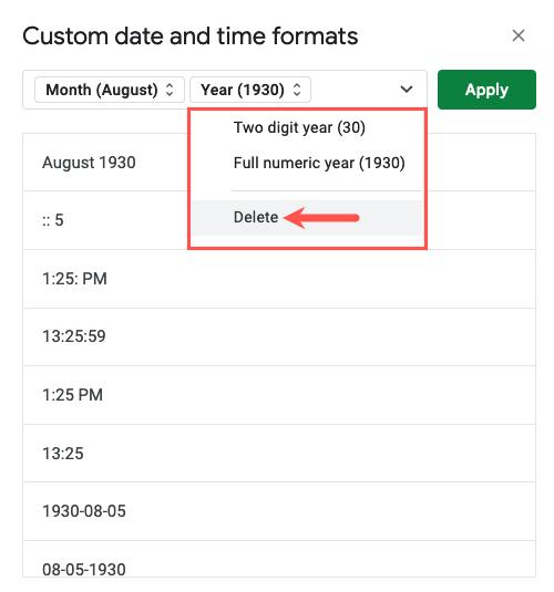 Delete for a custom date and time format