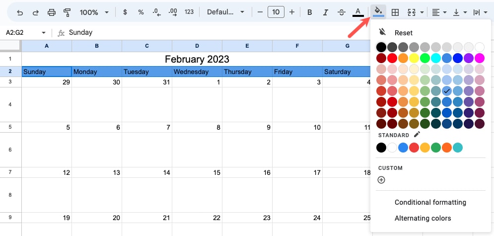 Days with a fill color