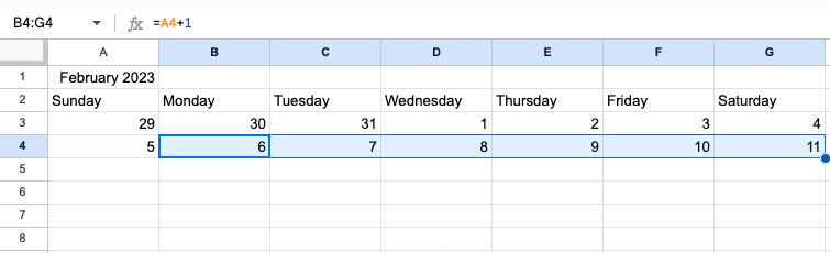Plus 1 formulas filled in a row