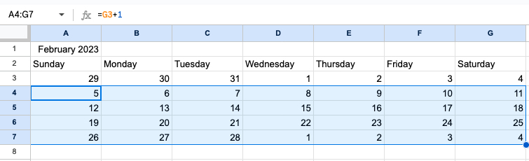 All rows filled with the plus 1 formula