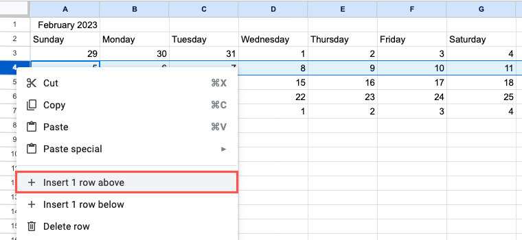 Insert Row Above in the shortcut menu
