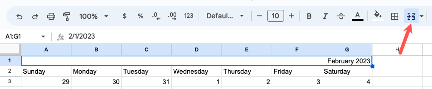 Merge Cells in the Google Sheets toolbar