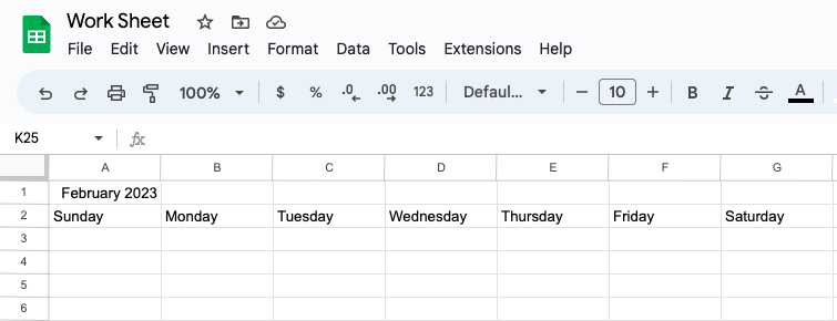 Month, year, and days entered for a monthly calendar