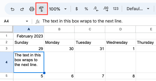 Paint Format in the Google Sheets toolbar