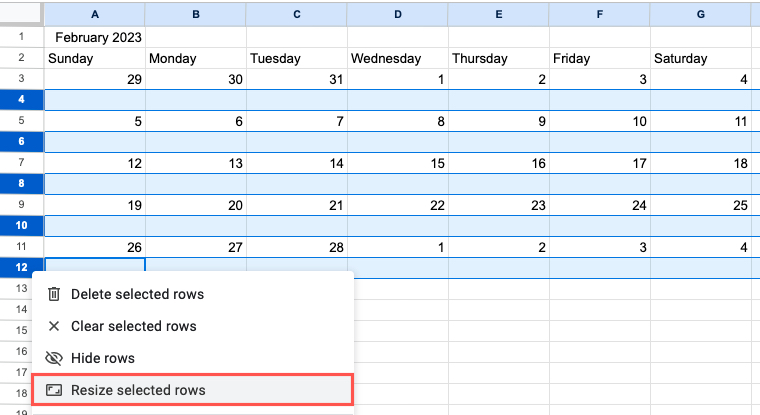 Resize Selected Rows in the shortcut menu