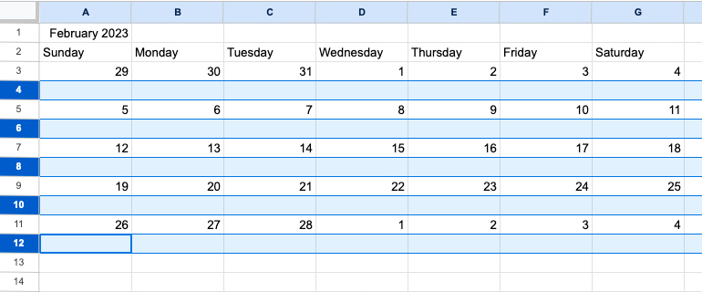 Rows selected for a monthly calendar in Google Sheets