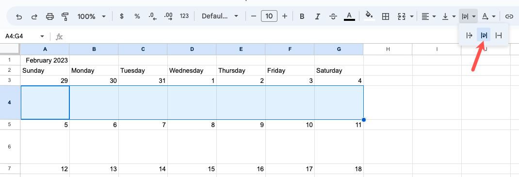 Wrap Text in the Google Sheets toolbar