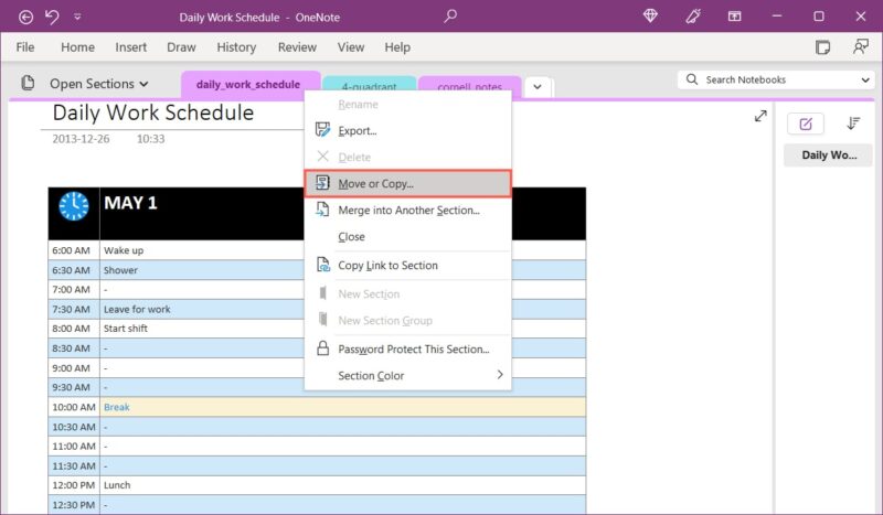 Move or Copy in the OneNote page shortcut menu