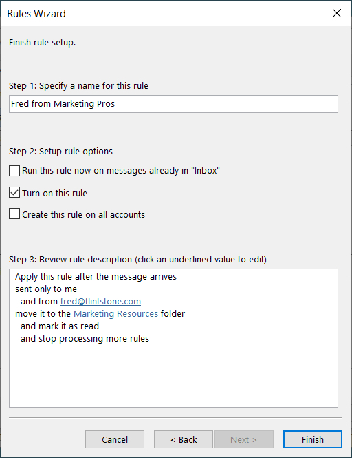 Move Messages rule name and finish screen