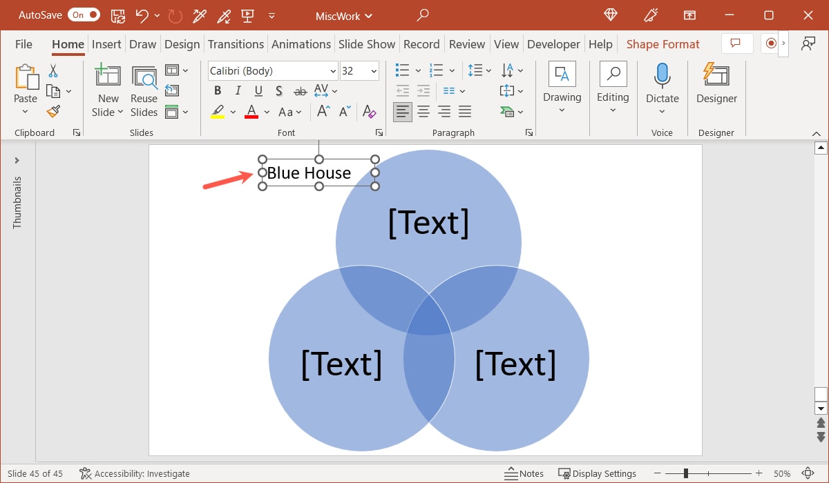 Added text and moved text box in PowerPoint