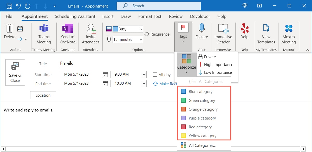 Categorize menu in Outlook Calendar