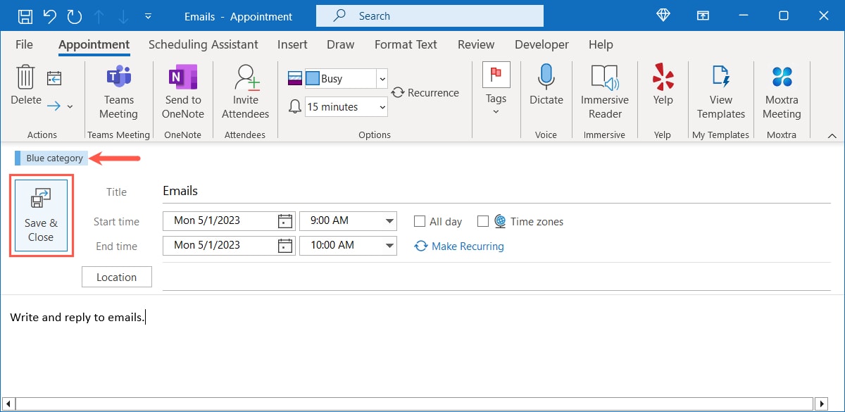 Category displayed and Save and Close button