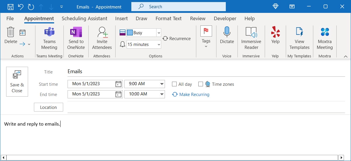 New event details in Outlook Calendar
