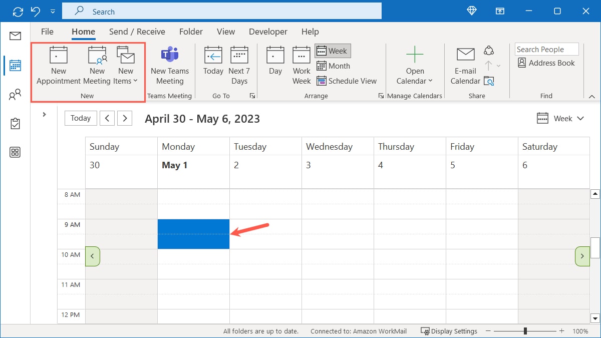 Options to create a new event in Outlook Calendar