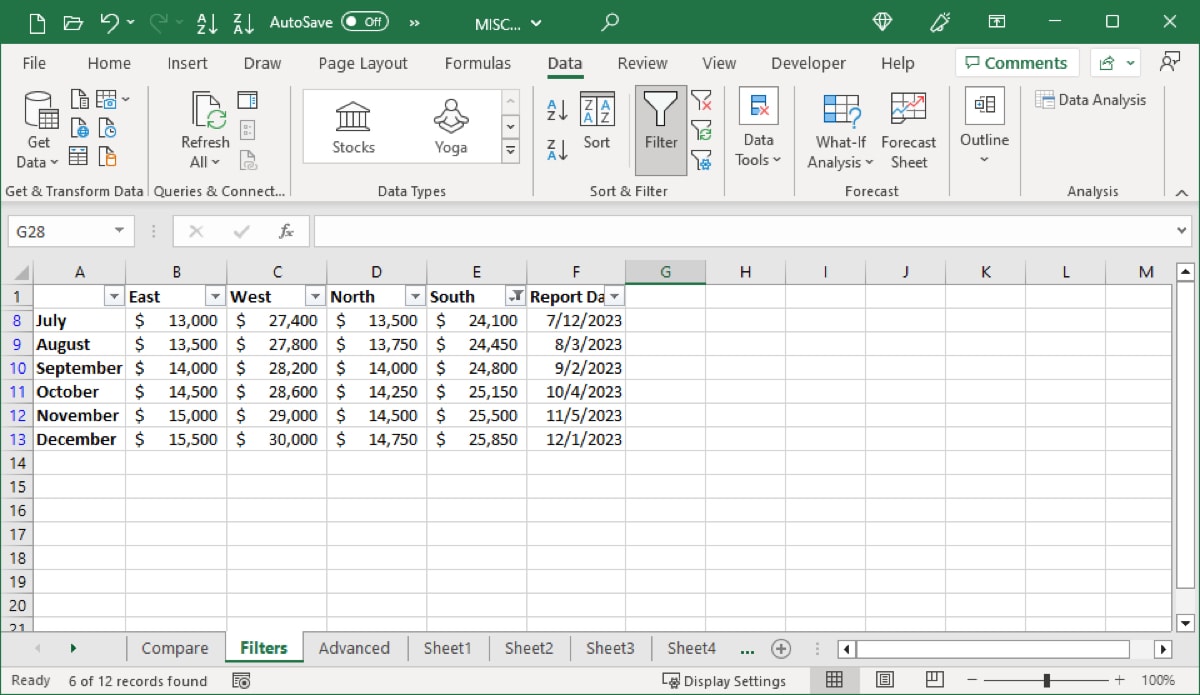 Number filter applied in Excel