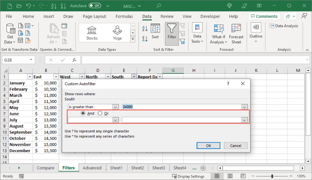 Number Filters optional second condition