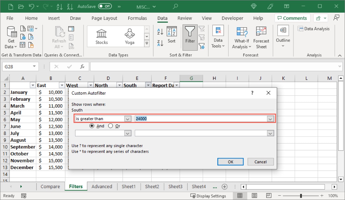 Number Filters condition