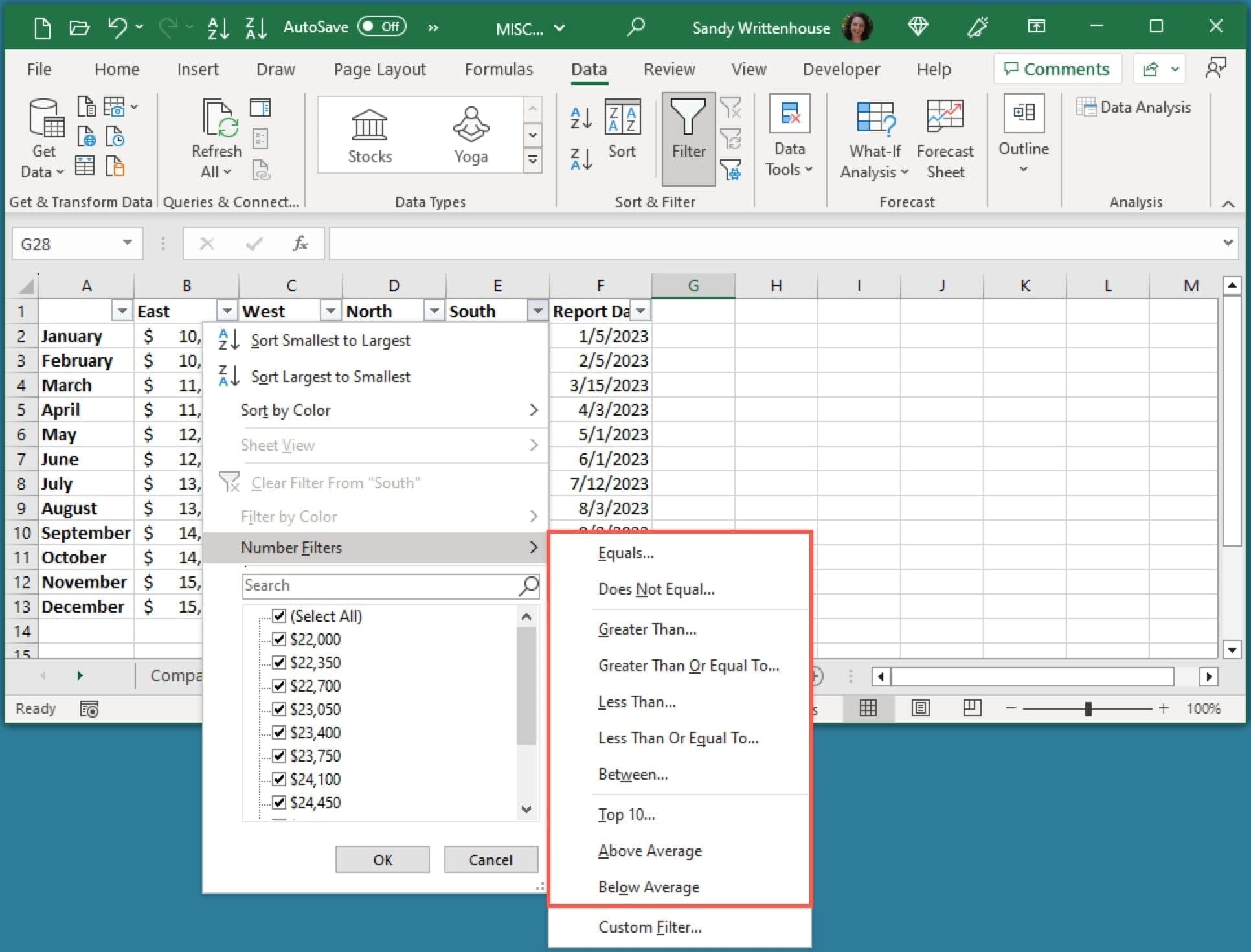 Number Filters in Excel