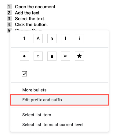 Edit Prefix and Suffix in the shortcut menu