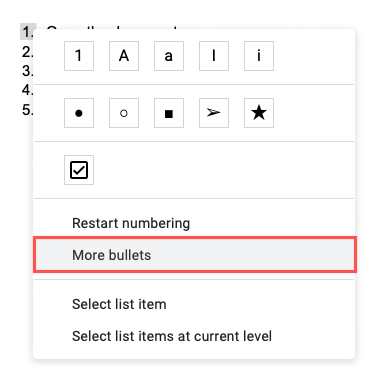 More Bullets in the shortcut menu