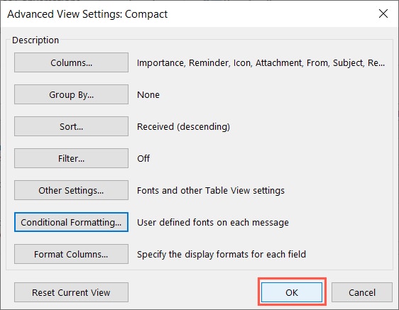 OK button for conditional formatting in Outlook