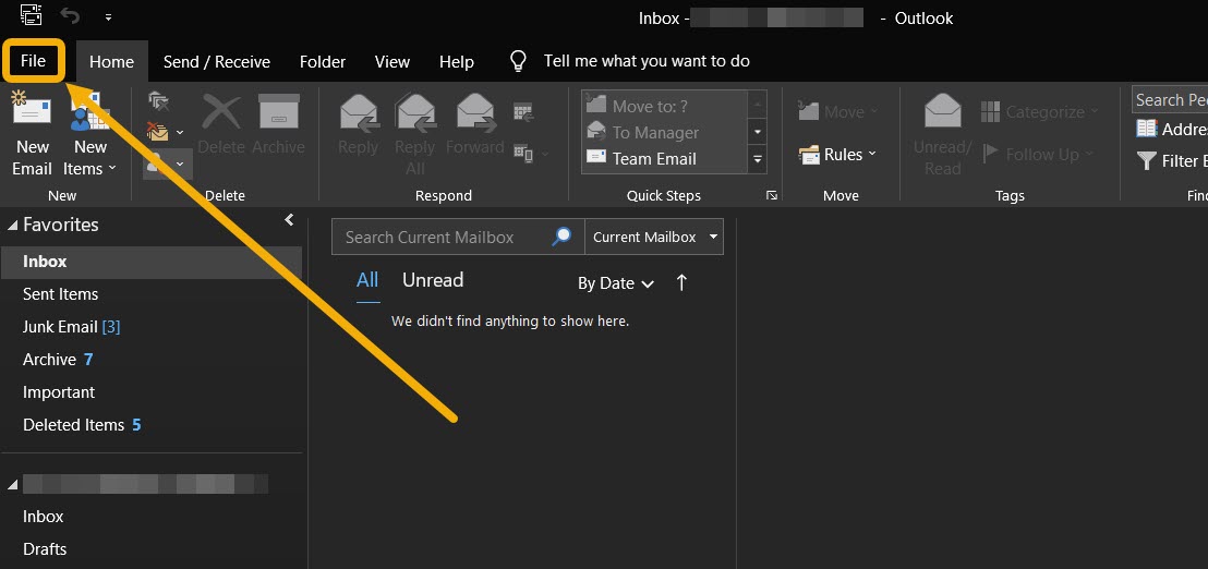 Clicking on "File" option via ribbon in Outlook app for Windows. 