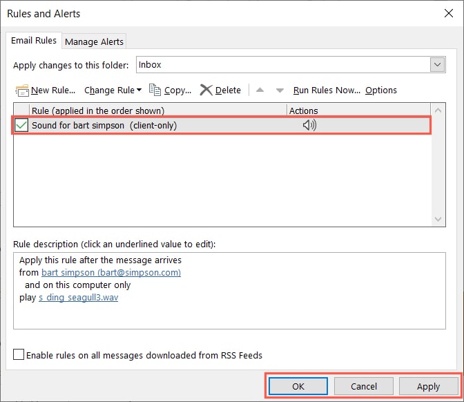 Play sound rule in the Rules and Alerts box
