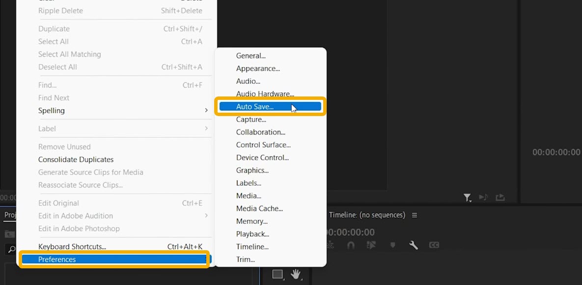 Activating "Auto Save" option in the Adobe Premiere app.