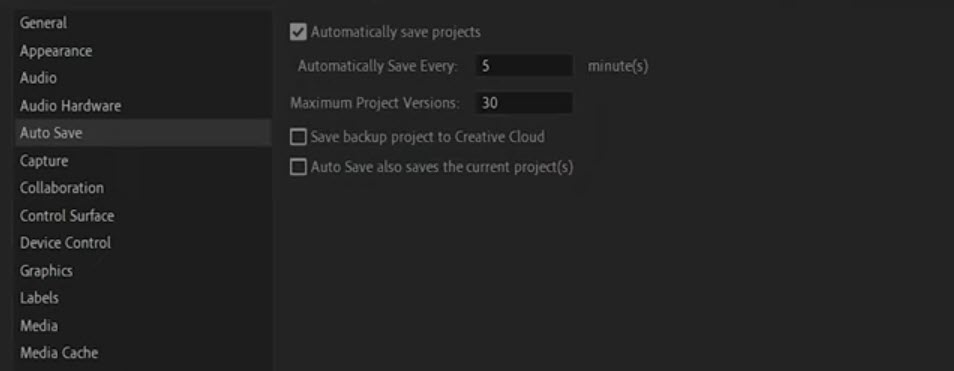 Setting parameters for autosave in Adobe Premiere.