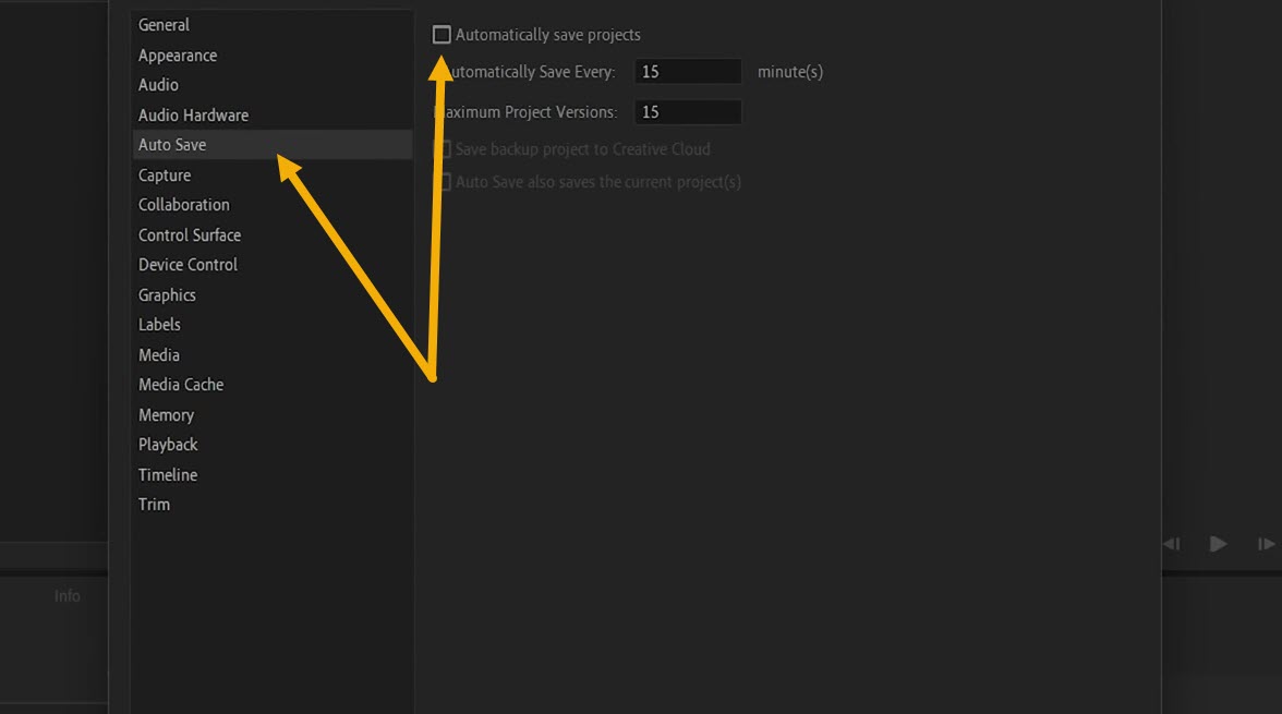 Ticking "Automatically Save Projects" option in premier.