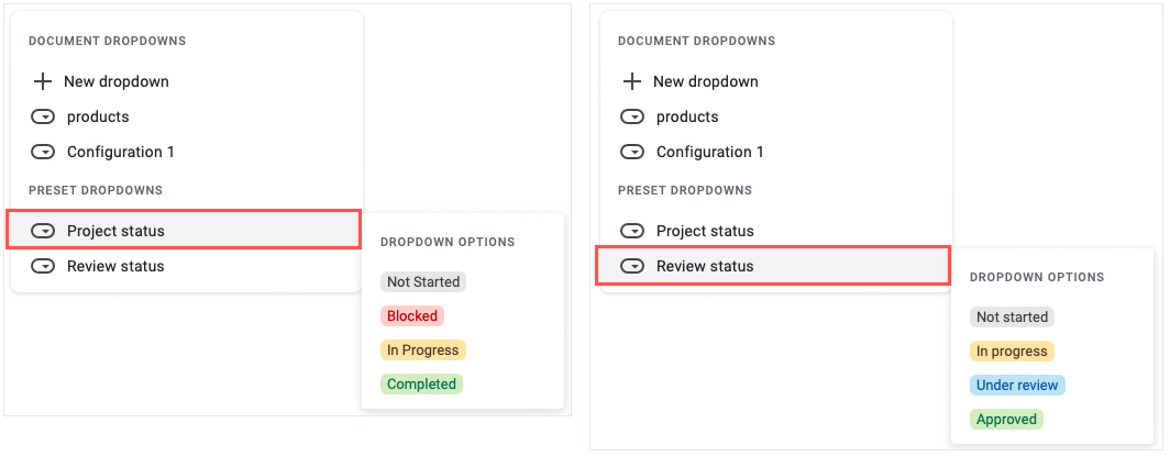 Preset dropdowns in Google Docs