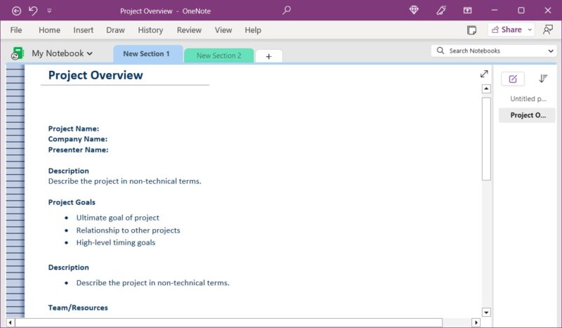 Project Overview template in OneNote