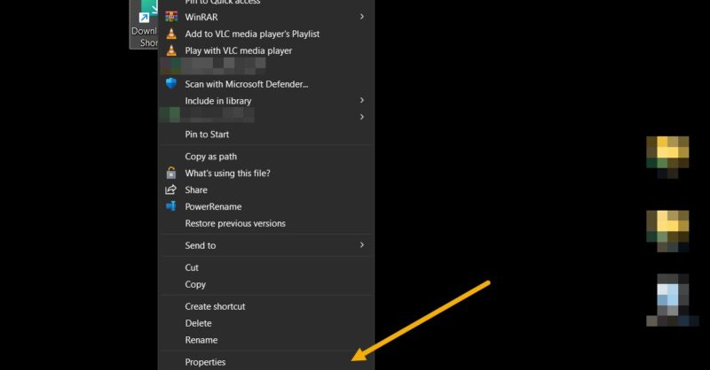 Selecting "Properties" from context menu for desktop shortcut.