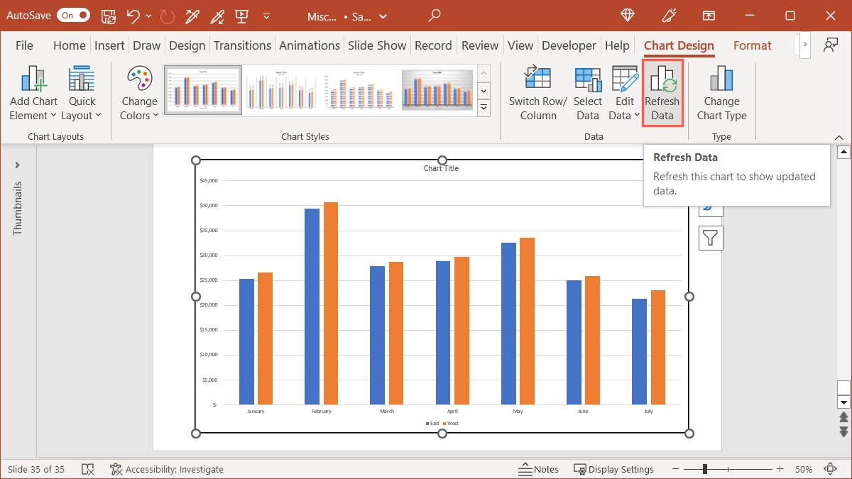Refresh Data for an Excel chart in PowerPoint