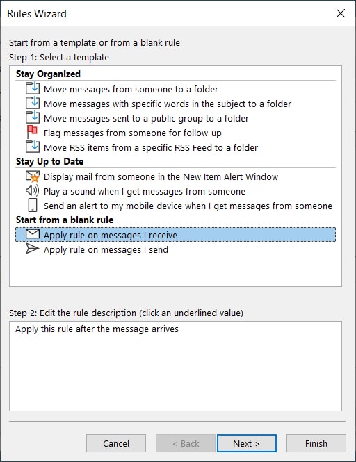 Rules Wizard in Outlook